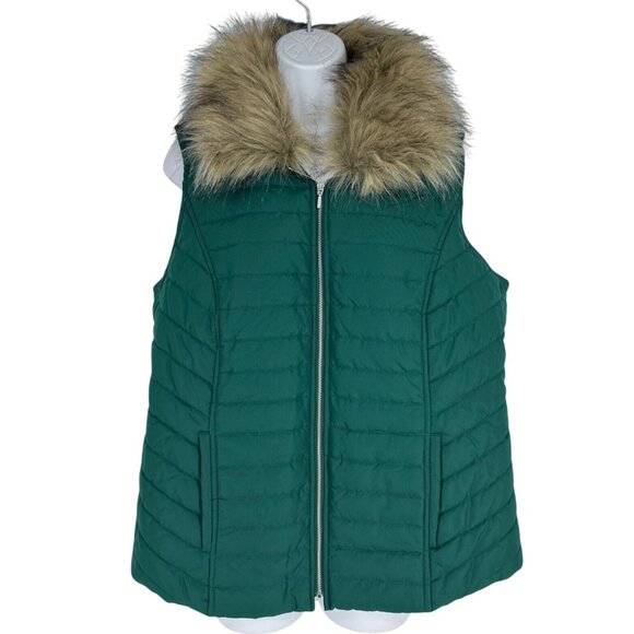 Chico's Green Quilted Puffer Vest With Removable Faux Fur Collar Size 2 US L - Picture 1 of 6